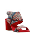 Red Ajrakh Cotton Strappy Block Heels In Suede