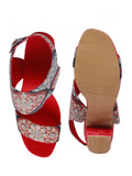 Red Ajrakh Cotton Strappy Block Heels In Suede