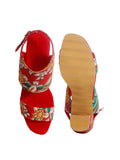 Red Cotton Kalamkari Strappy Block Heels