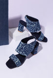 Indigo Leaf  Block Print Cotton Strappy Block Heels In Suede