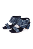 Indigo Leaf  Block Print Cotton Strappy Block Heels In Suede