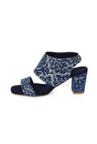 Indigo Leaf  Block Print Cotton Strappy Block Heels In Suede