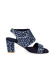 Indigo Leaf  Block Print Cotton Strappy Block Heels In Suede