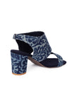 Indigo Leaf  Block Print Cotton Strappy Block Heels In Suede