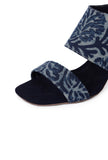 Indigo Leaf  Block Print Cotton Strappy Block Heels In Suede