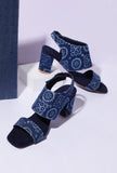 Indigo Circular Print  Cotton  Strappy Block Heels