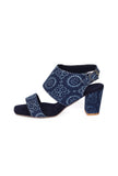 Indigo Circular Print  Cotton  Strappy Block Heels