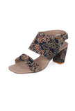 Blue black Floral Cotton Ajrakh Strappy Block Heels