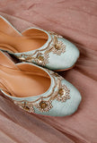Firozi Hand Embroidered Silk Juttis