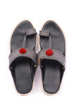 Grey Pom Pom Cruelty-Free Leather Sandal