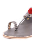 Grey & Silver Pom Pom Cruelty-Free Leather Sandals