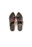 Black & Silver Cruelty Free Leather Sandals with Red Pom Poms