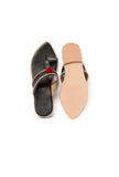 Black & Silver Cruelty Free Leather Sandals with Red Pom Poms