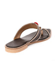 Black & Silver Cruelty Free Leather Sandals with Red Pom Poms