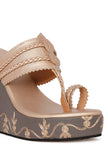 Refined Golden Hand Embroidered Kolhapuri Inspired Wedges