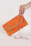Vivid Orange Zari Embroidered Silk Envelope Clutch