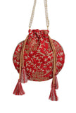 Scarlet Red Embroidered Silk Potli
