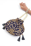 Navy Blue Embroidered Silk Potli
