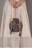 Navy Blue Embroidered Silk Potli