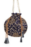 Navy Blue Embroidered Silk Potli
