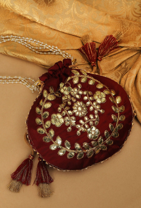 Majestic Maroon Gota Patti Silk Potli