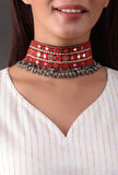 Red and black Kutch embroidery thread choker necklace by Saagah by Tjori