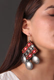 Red and black squared Kutch earrings with gold-tone brass and dancing bells by Saagah by Tjori