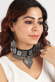 Black Thread & Square Motif German Silver Tribal Choker & Earrings