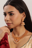 Laxmi Devi And Peacock Combination In Matte Finish With Pair Jhumkas And Beads Hanging