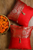 Set Of 2:Red Tassel Brocade Cushion Covers