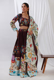 Purple multicolour kalamkari print lehenga set festive on a female model