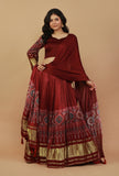 Set of 3 red Ajrakh printed Gaji Silk lehenga choli and dupatta set by Tjori