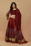 Set of 3 Ajrakh Printed Red Lehenga Set