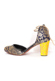 Royal Blue with Yellow Brocade Lace Up Block Heels