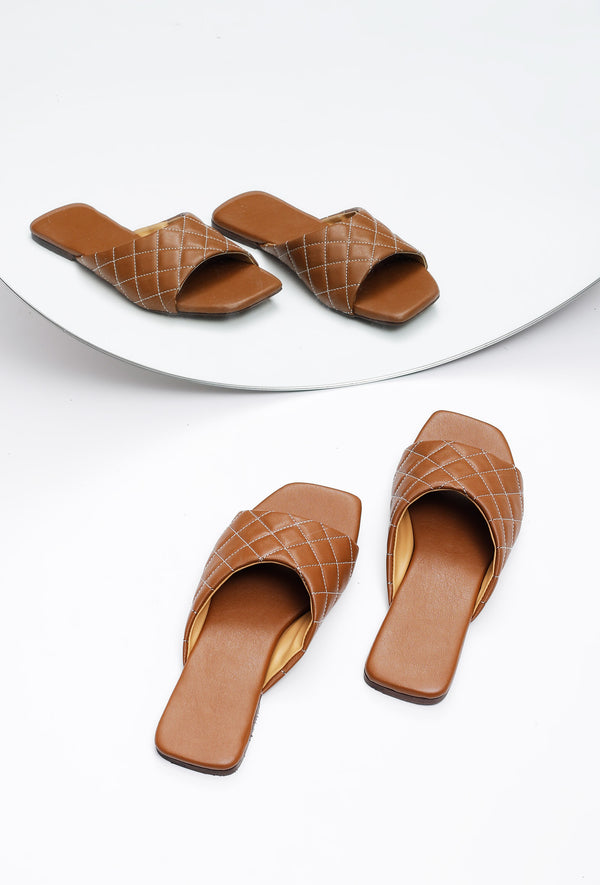 Fawn Brown Quilted Cruelty Free Leather Sliders