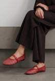Red Scarlet Mesh Mary Jane Flats With An Adjustable Buckle