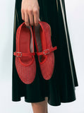 Red Scarlet Mesh Mary Jane Flats With An Adjustable Buckle