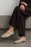 Beige Mesh Mary Jane Ballet Flats With An Adjustable Buckle