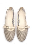 Beige Mesh Mary Jane Ballet Flats With An Adjustable Buckle