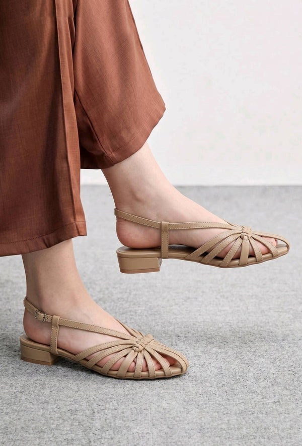 Camel Multi-Strap Knotted Slingback Flat Sandals