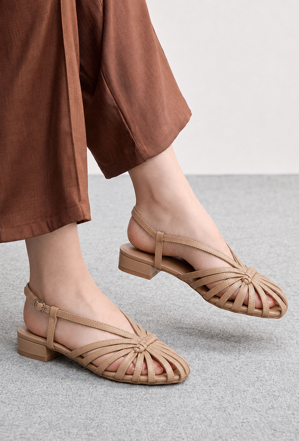Tjori Camel Multi-Strap Knotted Slingback Flat Sandals