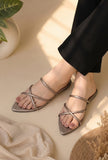 Metallic Taupe Cross-Strap Flat Slides