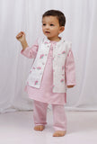 Set of 3: Pink striped Cotton Kurta and Pajama with Pink Striped Floral Nehru Jacket