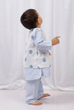 Set of 3: Blue striped Cotton Kurta and Pajama with White Nehru Jacket