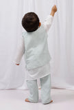 Set of 3: White striped Cotton Kurta and Pajama with Green Striped Nehru Jacket