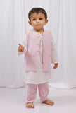 Set of 3: White striped Cotton Kurta and Pajama with Pink Striped Nehru Jacket