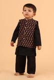 Set Of 3: Avi Black Cotton Kurta, Pyjama & Ajrakh Print Cotton Nehru Jacket