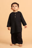 Set Of 3: Avi Black Cotton Kurta, Pyjama & Ajrakh Print Cotton Nehru Jacket
