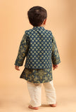 Set Of 3: Divit Indigo Cotton Kurta, Off White Pyjama & Indigo Print Jacket