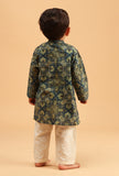 Set Of 3: Divit Indigo Cotton Kurta, Off White Pyjama & Indigo Print Jacket